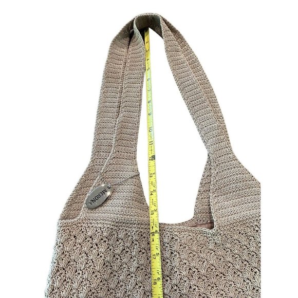 12.5” x 12.5" MERONA Tan Woven CROCHET 2 Handles SNAP CLOSE Lined BAG - Picture 6 of 8